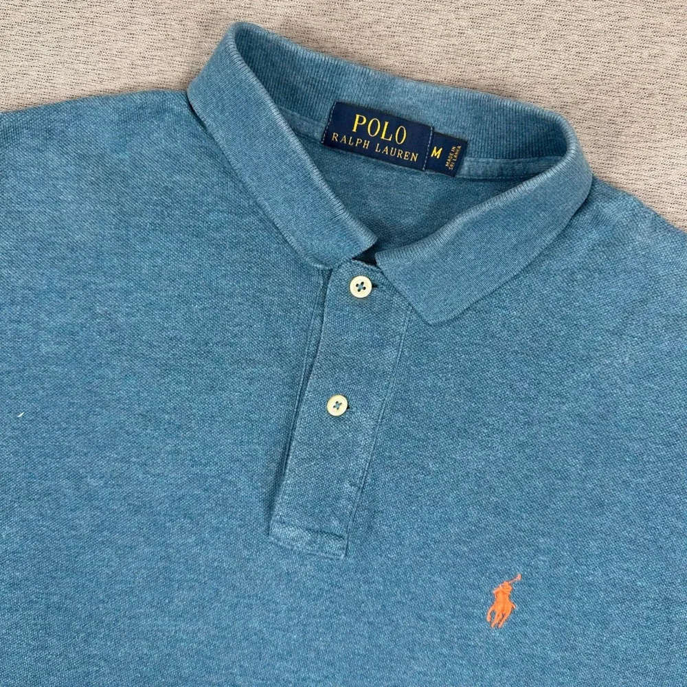 Ralph Lauren Polo Shirt Mens Medium Teal Blue Heathered Cotton Pique Mesh Preppy